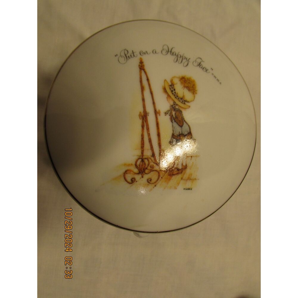 Holly Hobbie porcelain vintage footed trinket dish with lid Japan Happy Face